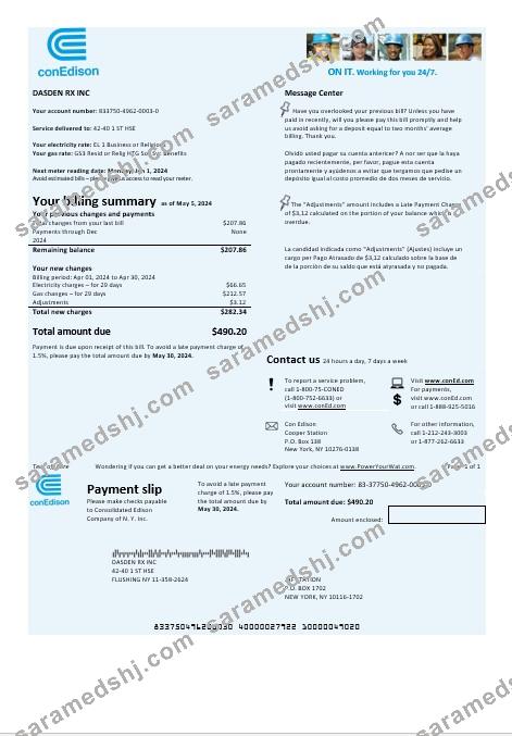 USA Con Edison electricity business utility bill template in Word and PDF formats